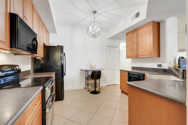6336 Buford St Unit 209, Orlando, FL 32835 - kitchen featuring black appliances, dark countertops, light tile patterned floors, decorative light fixtures, and a chandelier