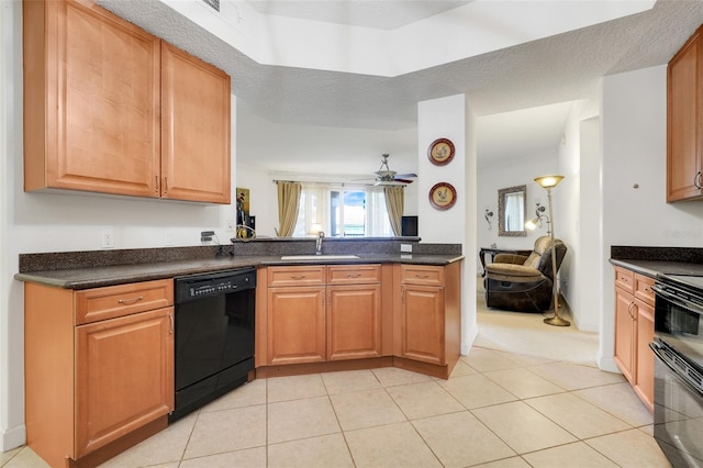 6336 Buford St Unit 209, Orlando, FL 32835 - kitchen featuring dishwasher, range, dark countertops, a ceiling fan, and light tile patterned floors