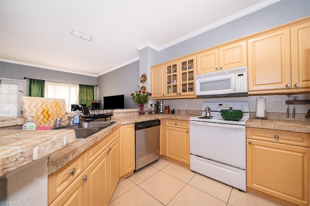 3707 Conroy Rd Unit 1715, Orlando, FL 32839 - kitchen featuring white appliances, light tile patterned floors, crown molding, a peninsula, and glass insert cabinets
