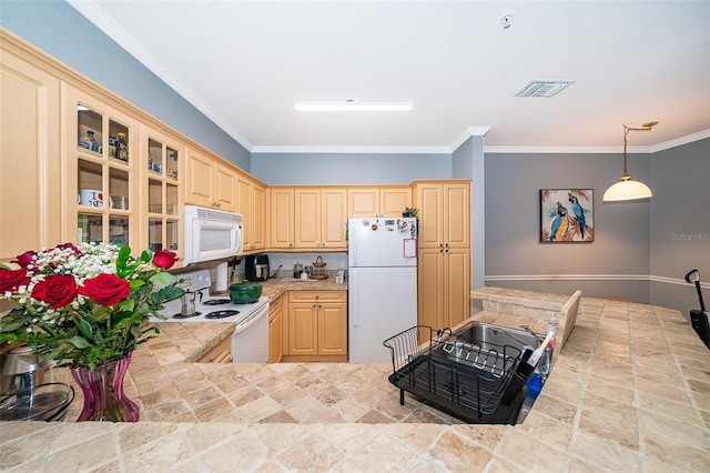3707 Conroy Rd Unit 1715, Orlando, FL 32839 - kitchen with white appliances, light countertops, glass insert cabinets, crown molding, and stone finish floors