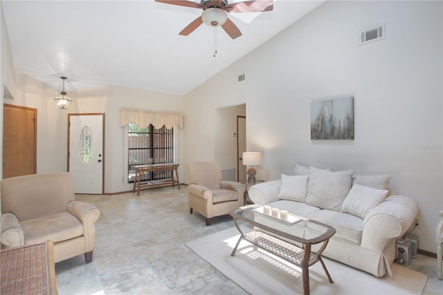 199 Heron Bay Cir, Lake Mary, FL 32746 - living area with ceiling fan and high vaulted ceiling