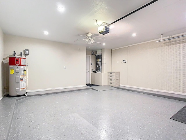 2641 Delcrest Dr, Orlando, FL 32817 - garage with hybrid water heater, a garage door opener, recessed lighting, and a ceiling fan