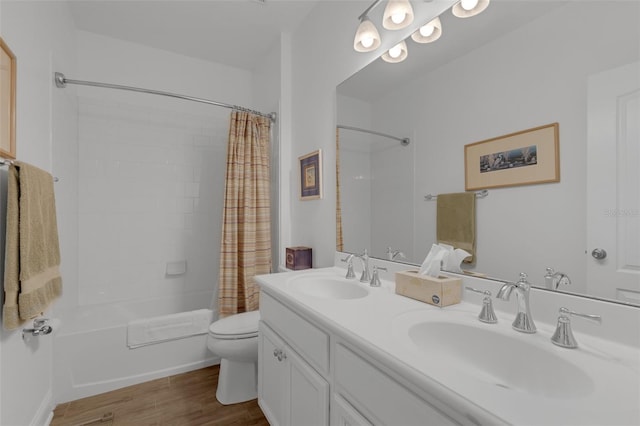 32004 Redtail Reserve Blvd, Sorrento, FL 32776 - bathroom with shower / tub combo with curtain, double vanity, and wood finished floors