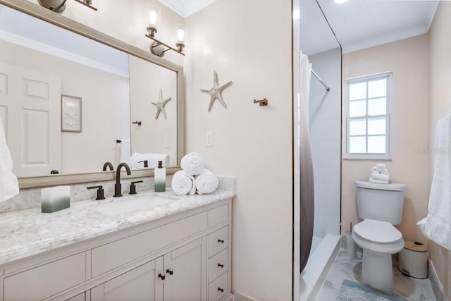 4311 123rd St W, Cortez, FL 34215 - bathroom featuring vanity, a shower with curtain, marble look tiles, and crown molding