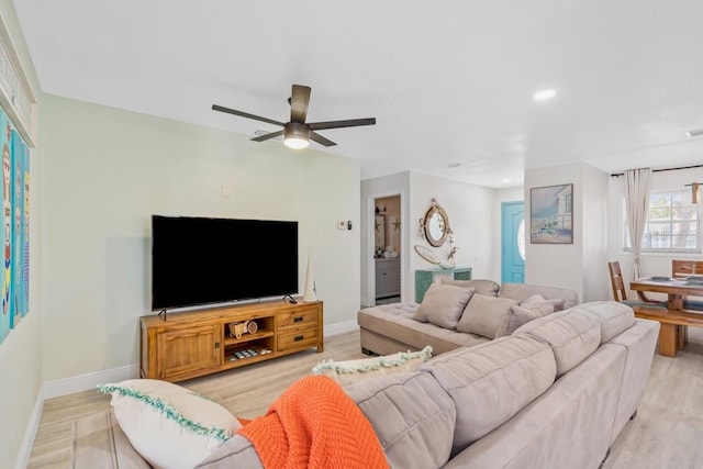 4311 123rd St W, Cortez, FL 34215 - living room featuring light wood finished floors, ceiling fan, and recessed lighting