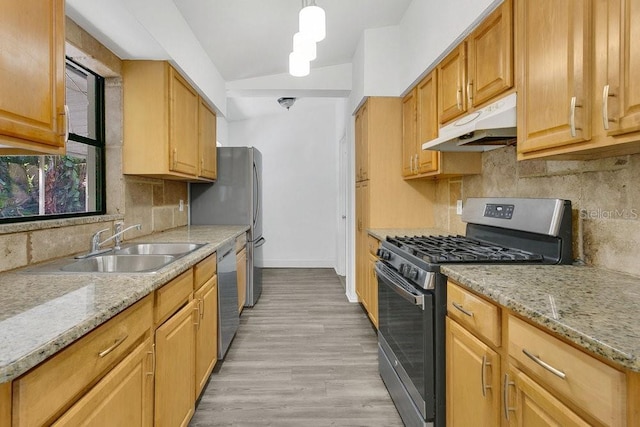1148 Northcrest Dr, Apopka, FL 32703 - kitchen featuring appliances with stainless steel finishes, under cabinet range hood, backsplash, light wood-style floors, and light stone counters