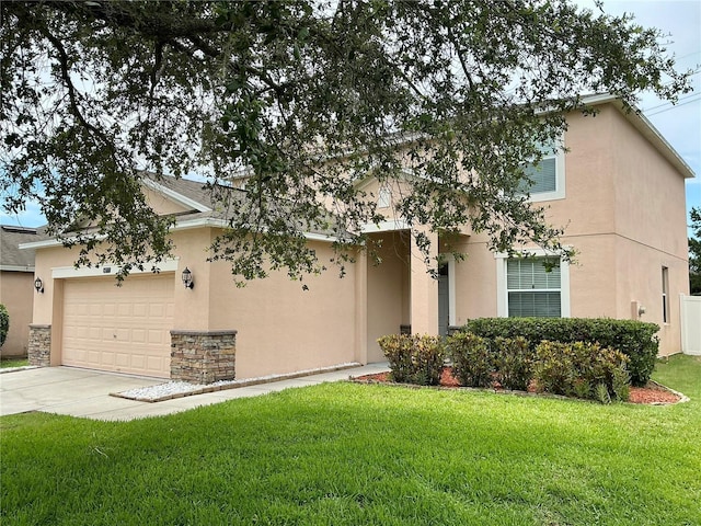 5917 Coquyt Dr, Mount Dora, FL 32757 - view of property hidden behind natural elements featuring stucco siding, an attached garage, concrete driveway, and a front yard