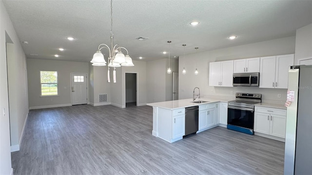 2500 SW 156th Ln Rd, Ocala, FL 34473 - kitchen with appliances with stainless steel finishes, a peninsula, a textured ceiling, open floor plan, and white cabinetry