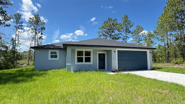 742 W Glenhaven Dr, Citrus Springs, FL 34434 - view of front of home with stucco siding, an attached garage, concrete driveway, a front lawn, and roof with shingles