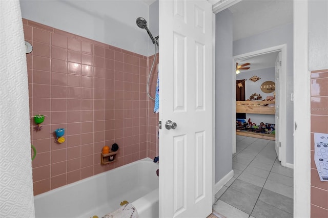 565 S Floyd Cir, Deltona, FL 32725 - bathroom featuring tile patterned floors, shower / tub combo, and a ceiling fan