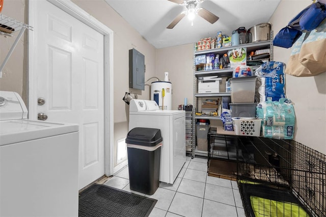 565 S Floyd Cir, Deltona, FL 32725 - washroom featuring washing machine and dryer, electric water heater, light tile patterned floors, a ceiling fan, and electric panel
