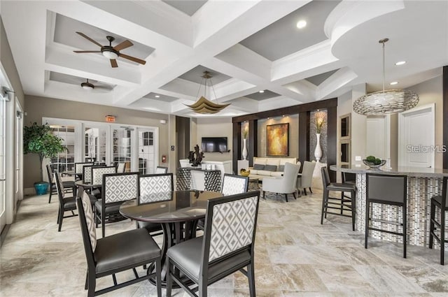 5172 Oakbourne Ave, Davenport, FL 33837 - dining space with coffered ceiling, beamed ceiling, ceiling fan, and recessed lighting