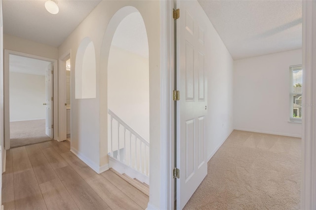 16243 Wilkinson Dr, Clermont, FL 34714 - hallway with light wood finished floors, light colored carpet, and a textured ceiling