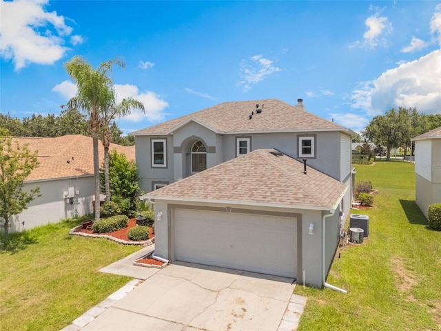 16243 Wilkinson Dr, Clermont, FL 34714 - traditional-style home with stucco siding, concrete driveway, roof with shingles, a front yard, and a garage