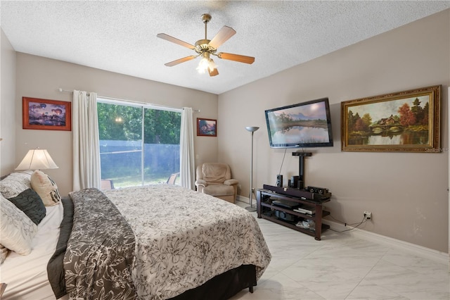 1225 Hollow Pine Dr, Oviedo, FL 32765 - bedroom featuring access to outside, a textured ceiling, a ceiling fan, and light marble finish flooring