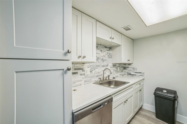 936 Lake Destiny Rd Unit G, Altamonte Springs, FL 32714 - kitchen with stainless steel dishwasher, backsplash, white cabinetry, and light wood finished floors
