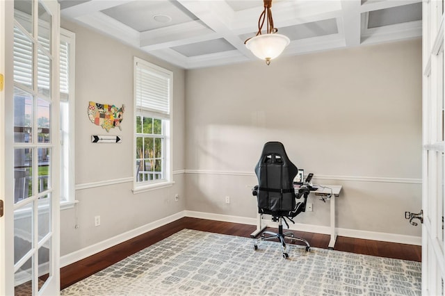 1443 Stone Trl, Enterprise, FL 32725 - home office with coffered ceiling, dark wood-type flooring, and beam ceiling