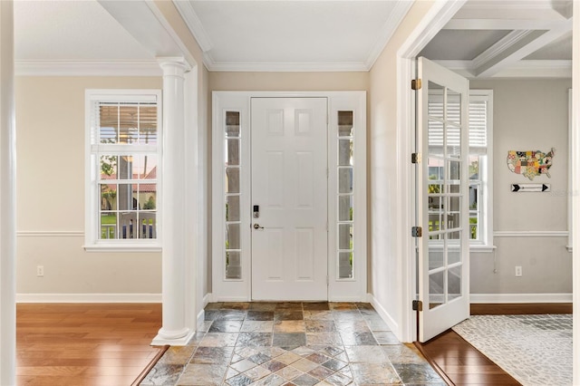 1443 Stone Trl, Enterprise, FL 32725 - entrance foyer with decorative columns, crown molding, healthy amount of natural light, and stone tile floors