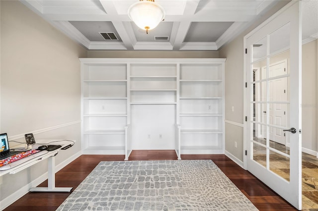 1443 Stone Trl, Enterprise, FL 32725 - office area with dark wood-type flooring, beamed ceiling, crown molding, and coffered ceiling