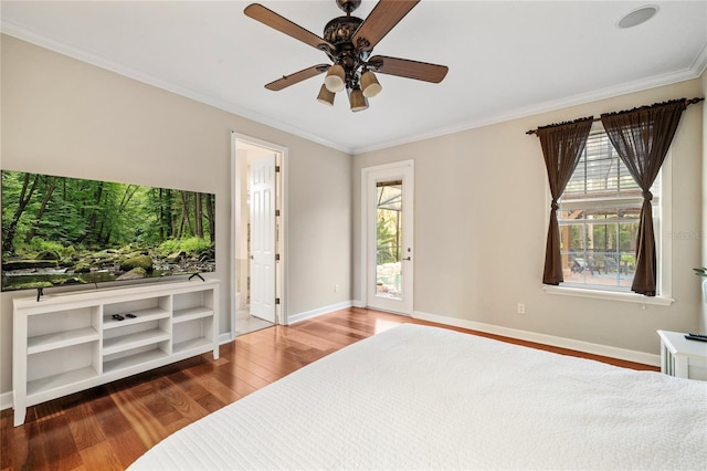 1443 Stone Trl, Enterprise, FL 32725 - bedroom with wood finished floors, crown molding, ensuite bathroom, and a ceiling fan