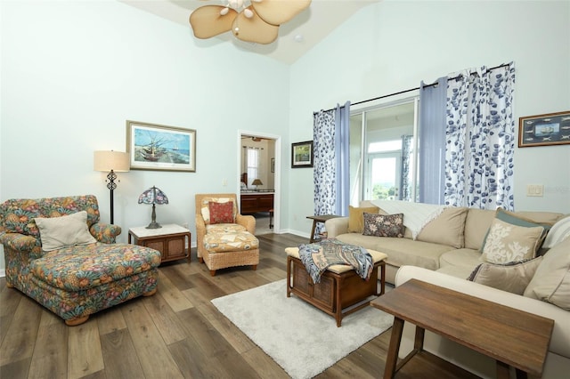 2362 Prairie Dunes, Clermont, FL 34711 - living room with wood finished floors, a ceiling fan, and a towering ceiling