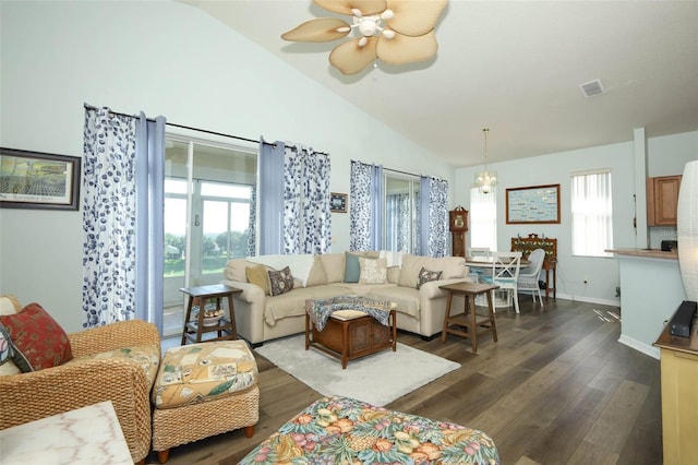 2362 Prairie Dunes, Clermont, FL 34711 - living room featuring vaulted ceiling, dark wood-style floors, plenty of natural light, and ceiling fan