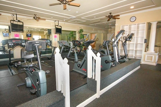 2362 Prairie Dunes, Clermont, FL 34711 - workout area featuring a ceiling fan, decorative columns, ornamental molding, and recessed lighting