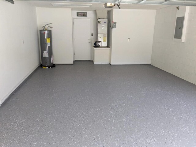 1027 Sheeler Hills Dr, Apopka, FL 32703 - garage with water heater, electric panel, a garage door opener, concrete block wall, and heating unit