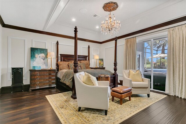 2388 Baronsmede Ct, Winter Garden, FL 34787 - bedroom featuring dark wood-style floors, access to outside, a chandelier, ornamental molding, and recessed lighting
