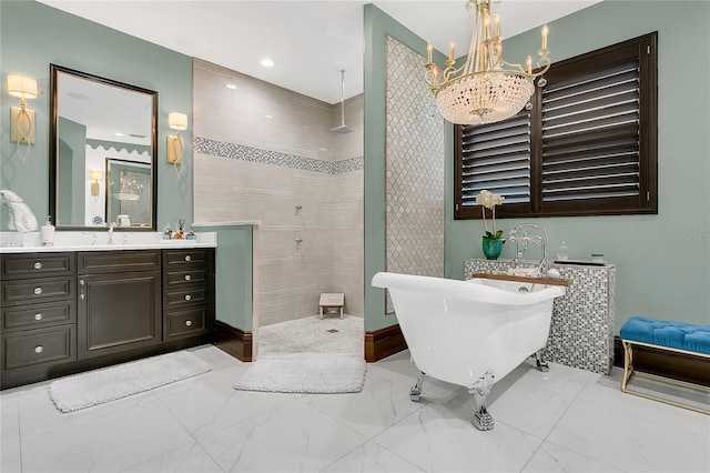 2388 Baronsmede Ct, Winter Garden, FL 34787 - bathroom featuring a walk in shower, a chandelier, a freestanding tub, vanity, and marble finish floors
