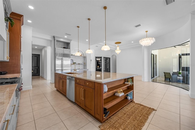 2873 Bellwind Cir, Rockledge, FL 32955 - kitchen with open shelves, stainless steel appliances, brown cabinetry, light tile patterned flooring, and recessed lighting