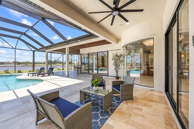 2873 Bellwind Cir, Rockledge, FL 32955 - view of patio / terrace featuring ceiling fan, an outdoor pool, a water view, and glass enclosure