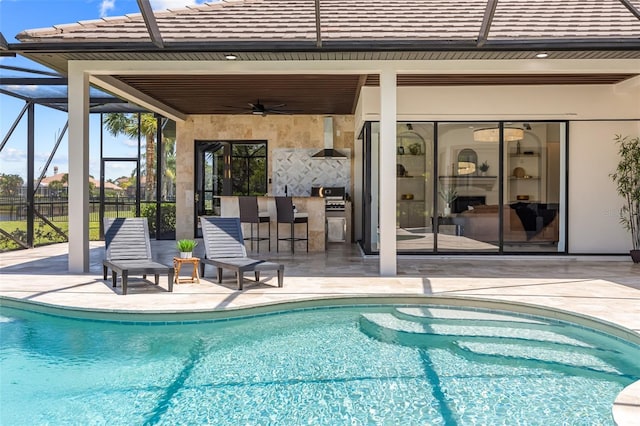 2873 Bellwind Cir, Rockledge, FL 32955 - outdoor pool featuring a patio, ceiling fan, and glass enclosure