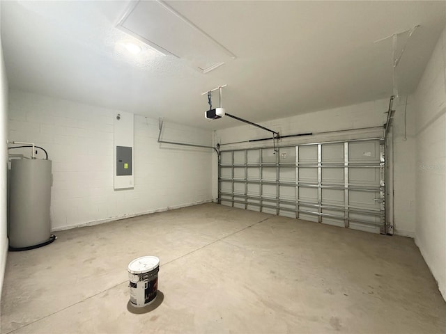 3551 W Fleece Dr, Dunnellon, FL 34433 - garage with water heater, electric panel, a garage door opener, and concrete block wall