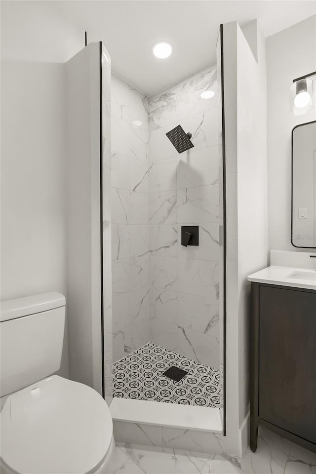 4714 Abaca St, Orlando, FL 32808 - bathroom with marble finish flooring, a marble finish shower, vanity, and recessed lighting