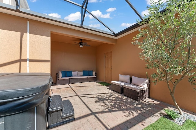 14897 Evergreen Oak Loop, Winter Garden, FL 34787 - view of patio / terrace featuring a ceiling fan, an outdoor living space, and a lanai