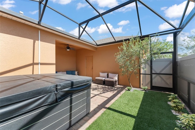 14897 Evergreen Oak Loop, Winter Garden, FL 34787 - sunroom featuring a hot tub and ceiling fan