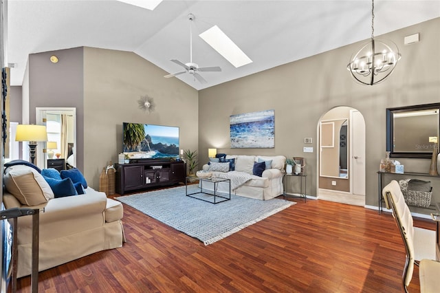 2737 Cahill Way, Lake Mary, FL 32746 - living area featuring arched walkways, high vaulted ceiling, a skylight, wood finished floors, and a ceiling fan