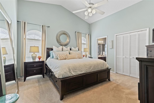 2737 Cahill Way, Lake Mary, FL 32746 - bedroom with light colored carpet, high vaulted ceiling, connected bathroom, a closet, and ceiling fan