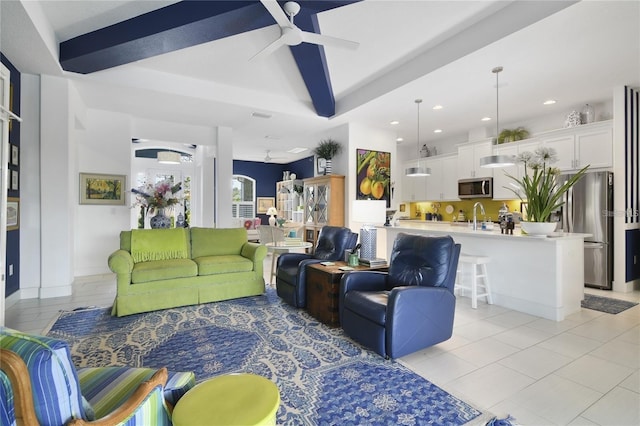 2440 Pawtucket Pass, Mount Dora, FL 32757 - living area featuring a ceiling fan, recessed lighting, a tray ceiling, and light tile patterned flooring