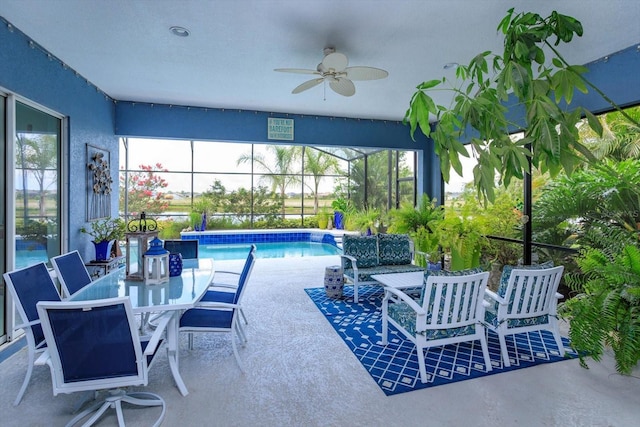 2440 Pawtucket Pass, Mount Dora, FL 32757 - view of patio with an outdoor pool, a ceiling fan, and glass enclosure