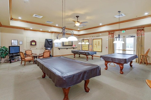 2440 Pawtucket Pass, Mount Dora, FL 32757 - game room with ornamental molding, pool table, carpet flooring, a ceiling fan, and recessed lighting