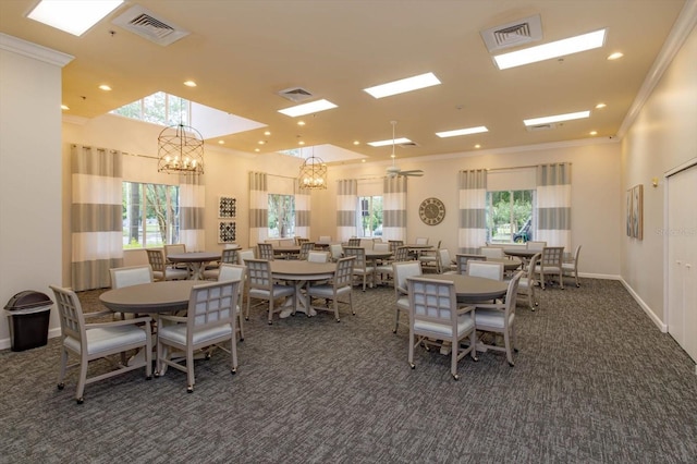 2440 Pawtucket Pass, Mount Dora, FL 32757 - dining area with carpet floors, crown molding, a chandelier, and recessed lighting