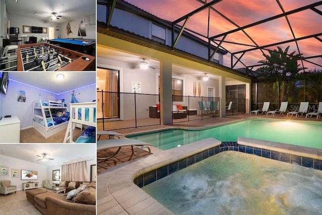 1452 Moon Valley Dr, Davenport, FL 33896 - view of swimming pool with a ceiling fan, an outdoor living space, a patio area, and glass enclosure