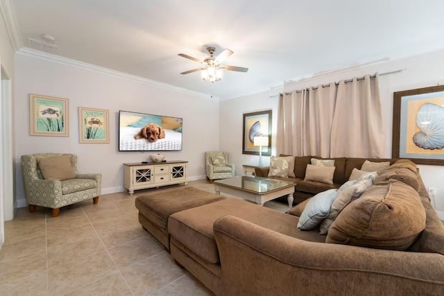 1452 Moon Valley Dr, Davenport, FL 33896 - living room featuring light tile patterned flooring, crown molding, and ceiling fan