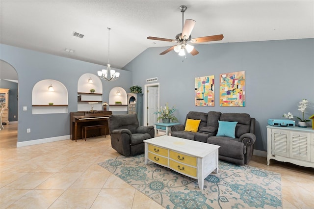 2042 Hayfield Way, Apopka, FL 32712 - living area with a ceiling fan, arched walkways, light tile patterned flooring, a chandelier, and high vaulted ceiling