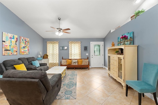 2042 Hayfield Way, Apopka, FL 32712 - living room featuring ceiling fan, lofted ceiling, and light tile patterned floors
