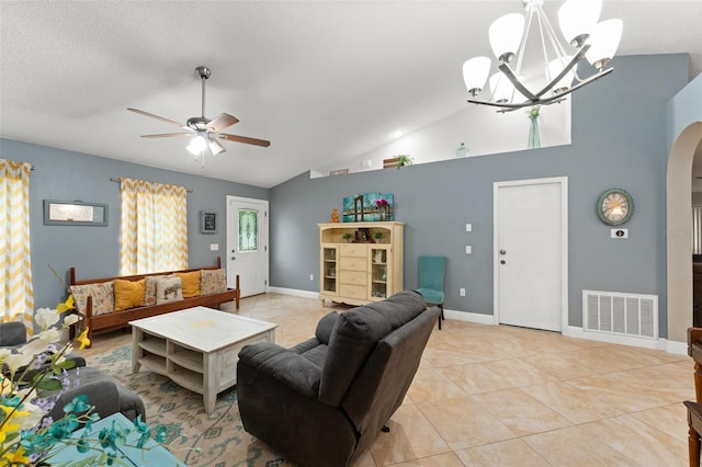 2042 Hayfield Way, Apopka, FL 32712 - living room featuring arched walkways, ceiling fan, a chandelier, light tile patterned floors, and high vaulted ceiling