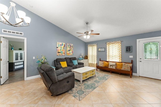 2042 Hayfield Way, Apopka, FL 32712 - living area with a chandelier, light tile patterned flooring, a ceiling fan, and high vaulted ceiling