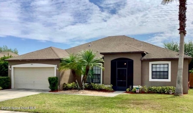2831 Village Pine Ter, Orlando, FL 32833 - view of front of house featuring stucco siding, an attached garage, driveway, a front lawn, and a shingled roof
